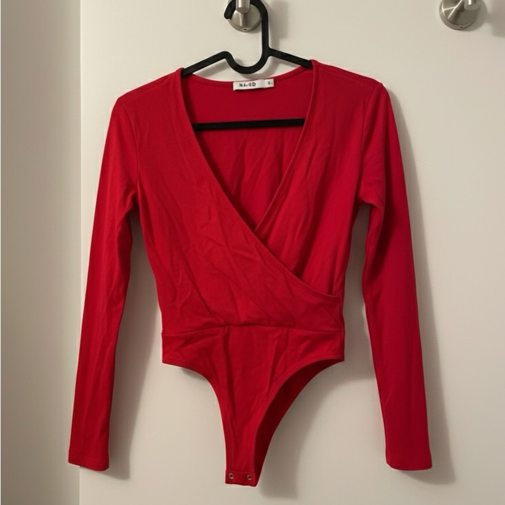 NA-KD Red V-Neck Long Sleeve Wrap Body Suit | Brand New Size XS